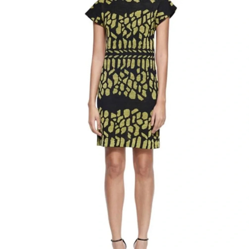 Misook Black Yellow Green Spotted Pattern Toula Cap Sleeve Graphic Dress Size L - Picture 2 of 7